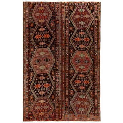 Rare Vintage Kilim Rug In Brown, Orange, Vibrant Tribal Geometric Patterns
