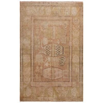 Hand-Knotted Antique Khotan Rug In Beige-Brown And Pink Pictorial Pattern