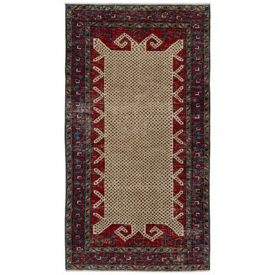 Hand-Knotted Vintage Turkish Rug in Red, Blue, Beige-Brown Geometric Pattern