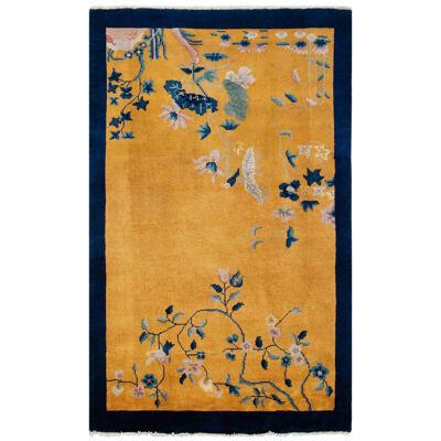 Vintage Chinese Deco Style Rug in Gold With Blue, Pink and Green Floral Patterns