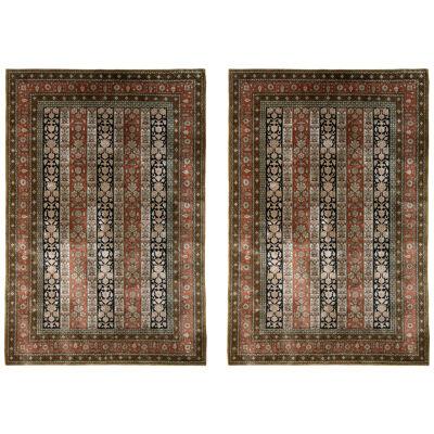 Hand-Knotted Vintage Persian Qum Rug in Red and Beige-Brown Floral Pattern