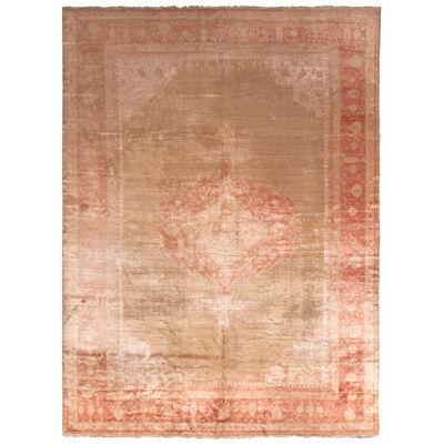 Hand-Knotted Antique Oushak Rug in Beige-Brown and Red Medallion Patternc