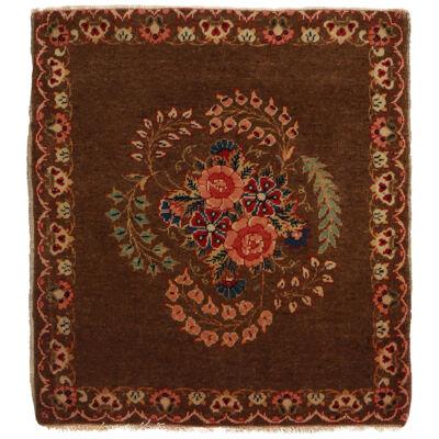 Antique Kashan Brown Wool Persian Rug With Floral Medallion