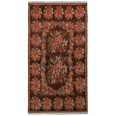 Mid-Century Vintage Bessarabian Rug In Brown And Green Floral Pattern