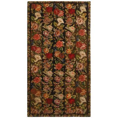 Antique Needlepoint Green Multi-Color Wool Floral Rug 