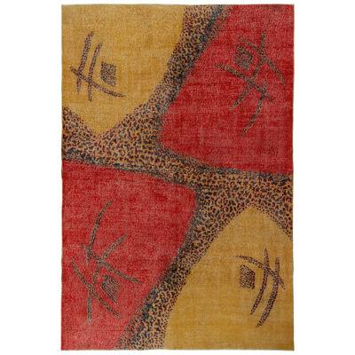 1960S Vintage Art Deco Rug in Red, Gold-Yellow Distressed Geometric Pattern