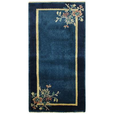 Vintage Chinese Deco Style Rug in Deep Blue, Gold, Light Floral Patterns