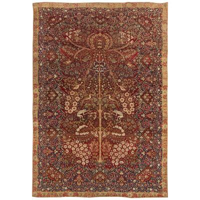 Antique Kerman Lavar Pictorial Beige Brown Blue and Red Wool Persian Floral Rug