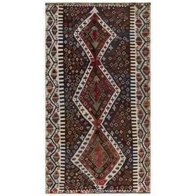 1950S Vintage Tribal Kilim in Blue, Brown and White Tribal Pattern