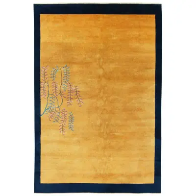 Vintage Chinese Deco Style Rug in Gold, Blue Border, Pink-Red Floral Patterns
