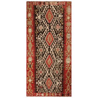 Vintage Mid-Century Esme Red and Brown Wool Kilim Rug – White and Green Accents