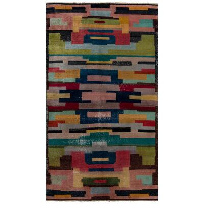 Hand-Knotted Vintage Art Deco Rug in Multicolor Geometric Pattern