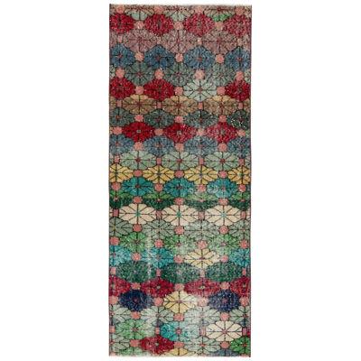 Hand-Knotted Vintage Mid-Century Distressed Runner in Green, Red Floral Pattern