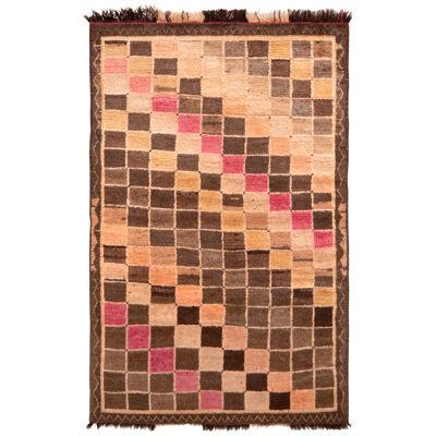 Hand-Knotted Mid-Century Vintage Gabbeh Rug in Beige Brown Geometric Pattern