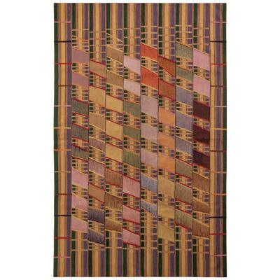 Modern Flat Weave Rug in Beige-Brown Art Deco Kilim Rug Design