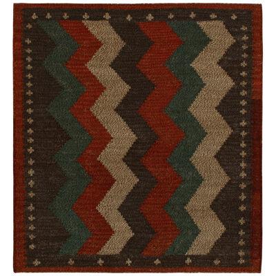 1980s Vintage Sofreh Kilim Rug In Beige-Brown Red And Blue Chevron Patterns
