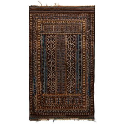 Hand-Knotted Vintage Baluch Rug In Beige Brown Tribal Runner Pattern 