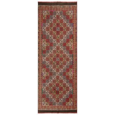 Vintage Mid-Century Denizli Green and Red Wool Kilim Rug – 3’2 X 9’1″