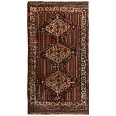 Hand-Knotted Antique Persian Qashqai Rug in Red, Beige-Brown Medallion Pattern