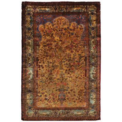 Kashan Golden-Brown and Blue Silk Persian Rug With Unique Floral Medallion