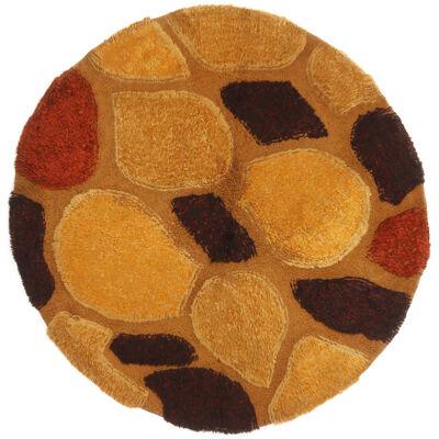 Vintage Geometric Gold Brown and Orange Wool Shag Pile Circle Rug