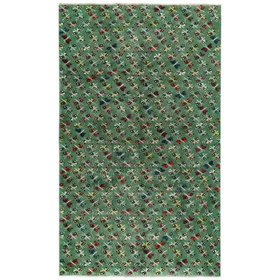 1960S Vintage Art Deco Rug in a Green, White, Multicolor Pictorial Pattern
