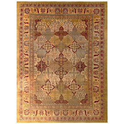 Hand-Knotted Antique Agra Rug Gold Red Floral Pattern
