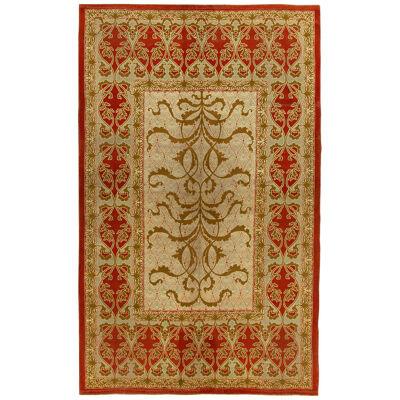 Hand-Knotted Antique Art Nouveau Rug in Red, Green, Brown Floral Pattern
