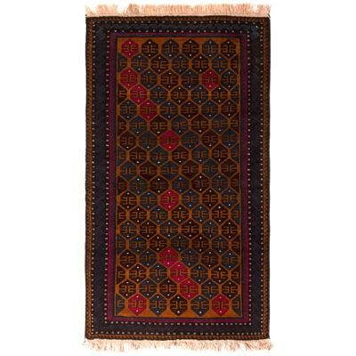 Antique Baluch Geometric Orange Red and Blue Wool Persian Runner Rug – 3×6