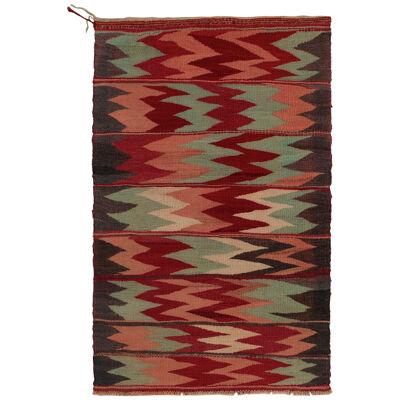 1980s Vintage Sofreh Kilim Rug In Red, Pink And Blue Zig Zag Patterns
