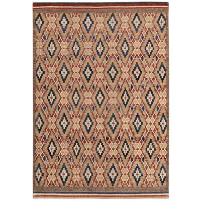 Moroccan Style Rug in Brown, Red and Blue Geometric Pattern