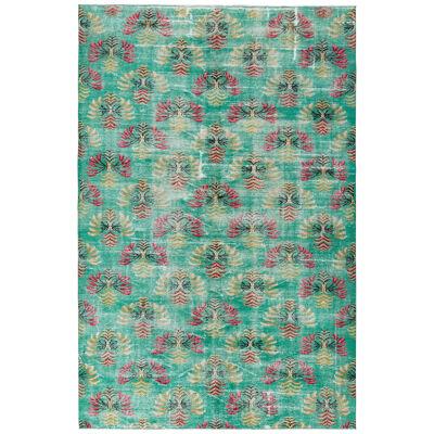 Vintage Mid-Century Distressed Art Nouveau Rug, Green With All Over Pattern