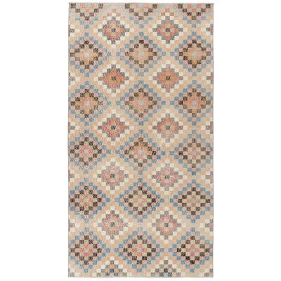 Hand-Knotted Vintage Mid Century Distressed Rug in Peach, Blue Diamond Pattern