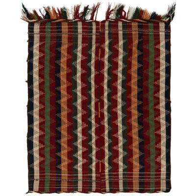 Antique Tribal Kilim Rug in Green and Red Stripes and Chevron Geometric Patterns