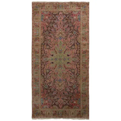 Hand-Knotted Antique Polonaise Rug In Pink And Green Floral Medallion Pattern