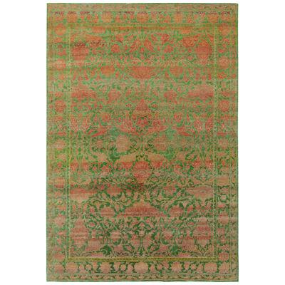 Rug & Kilim’s Classic Transitional Style Silk Rug in Green, Peach Floral Pattern