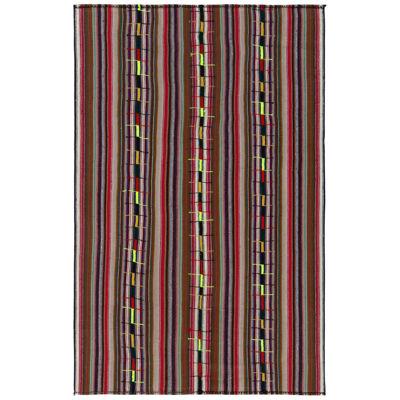 1950S Vintage Chaput Kilim Rug in Red and Brown, Multicolor Stripe Patterns