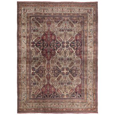 Antique Kerman Lavar Geometric Floral Cream and Red and Blue Wool Persian Rug