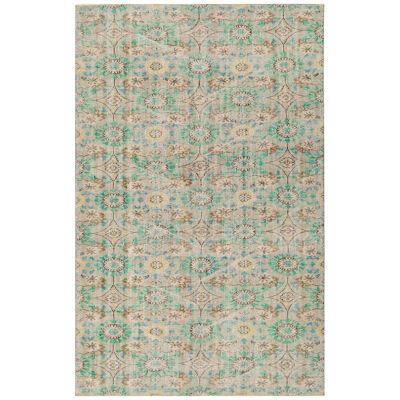 1960S Hand-Knotted Distressed Vintage Rug in Green, Beige-Brown Floral Pattern