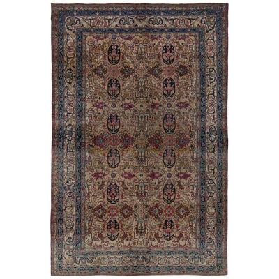 Hand-Knotted Antique Tehranian Persian Rug In Royal Blue, Wine & Beige Floral 