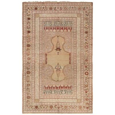 Hand-Knotted Antique Ghiordes Rug In Beige-Brown And Pink Floral Pattern