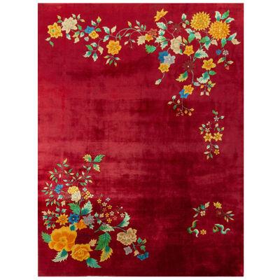 Hand-Knotted Vintage Chinese Art Deco Rug, Red and Gold Floral Patternc