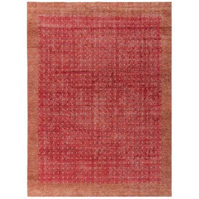 Hand-Knotted Distressed Style Modern Rug in Red and Brown by Rug & Kilim