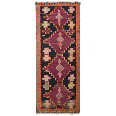 Handwoven Antique Persian Kilim Rug in Wine Black and Orange Geometric Pattern