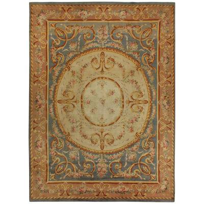 Antique Savonnerie rug with Cream Medallion and Floral Patterns - by Rug & Kilim