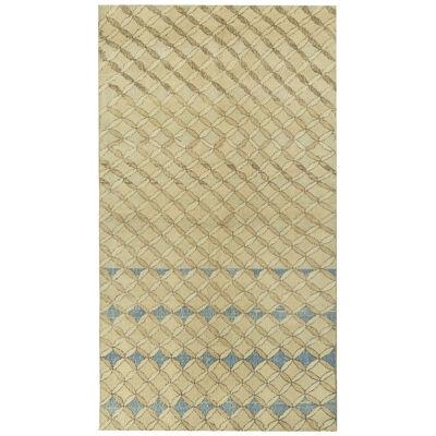 1960S Vintage Distressed Zeki Muren Rug in Beige-brown, Blue Trellis Pattern
