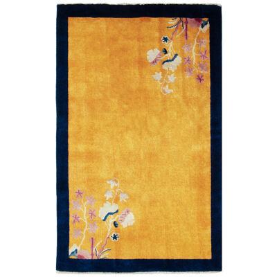 Vintage Chinese Deco Style Rug in Gold, Navy Border, Bright Floral Patterns
