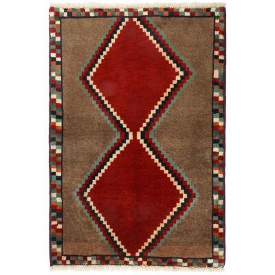 Vintage Gabbeh Tribal Rug in Brown with Red Diamond Lozenge Pattern 