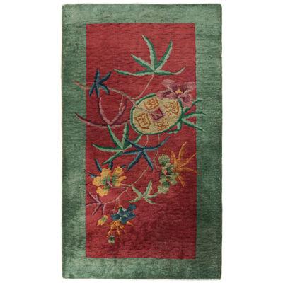 Antique Chinese Art Deco Rug in Red & Green with Floral Pattern by Rug & Kilim