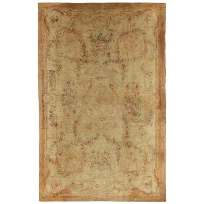 Antique Savonnerie Rug In All Over Beige-Gold, Pink And Green Floral Pattern